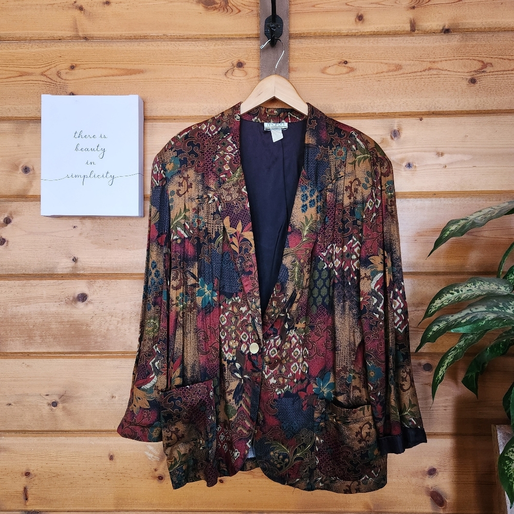 Maren Vintage Vintage Blazer Floral Pleated‎ Paisley Batik Retro 80s Jacket Sz L